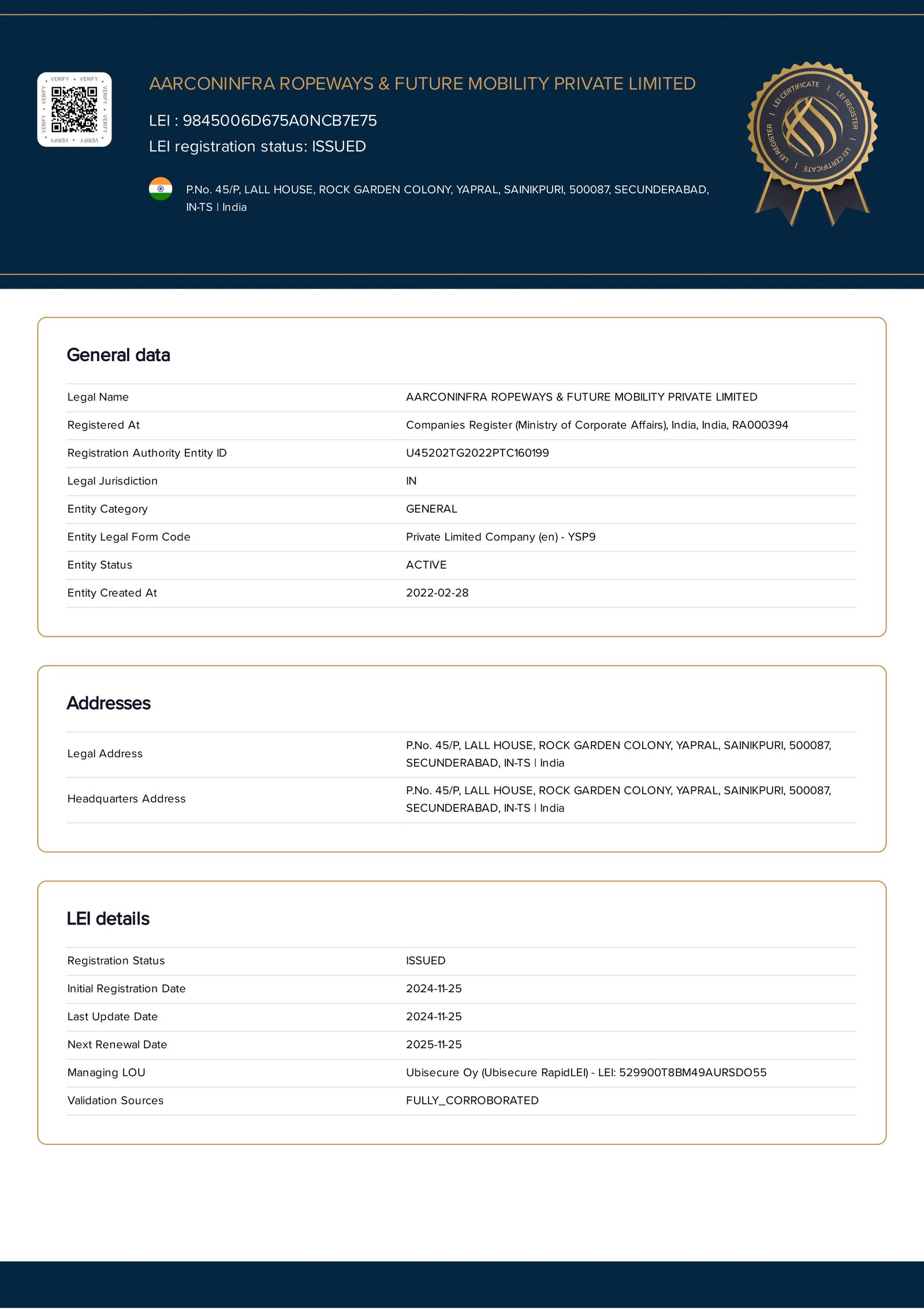 Aarconinfra LEI Certificate